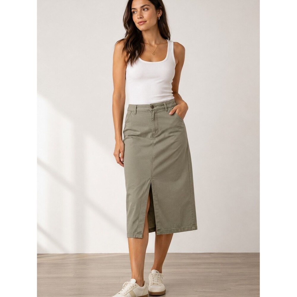 J.Crew Olive Green Cotton Midi Skirt 28 Utility A-Line Front Slit Pockets Casual